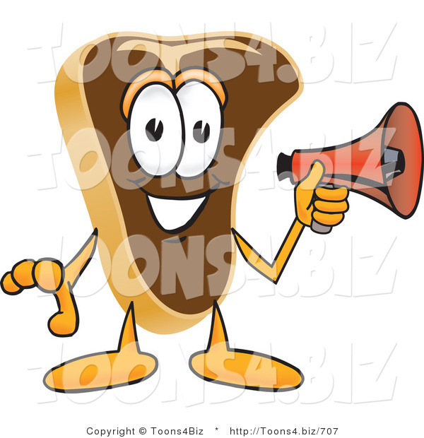 Vector Illustration of a Cartoon Steak Mascot Preparing to Make an Announcement with a Red Megaphone Bullhorn