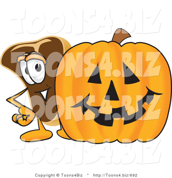 Vector Illustration of a Cartoon Steak Mascot Standing by a Halloween Pumpkin