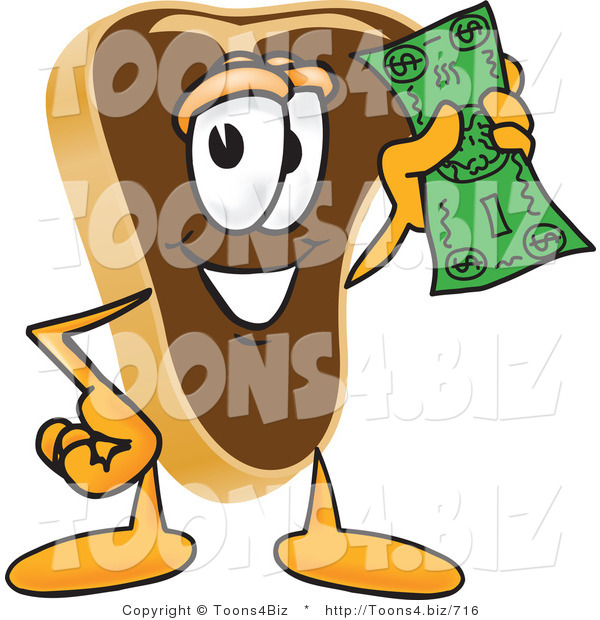 Vector Illustration of a Cartoon Steak Mascot Waving a Green Dollar Bill