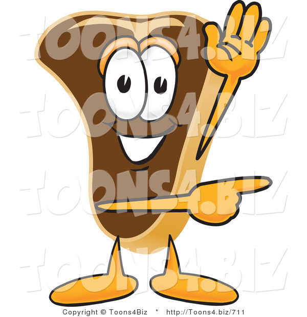 Vector Illustration of a Cartoon Steak Mascot Waving and Pointing to the Right