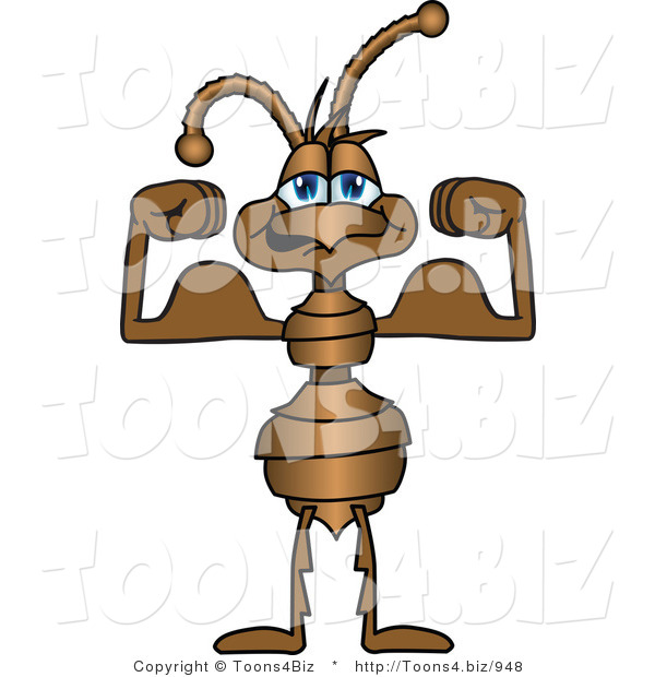 Vector Illustration of a Cartoon Strong Ant Mascot Flexing His Bicep Arm Muscles