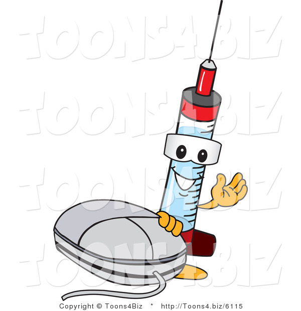 Vector Illustration of a Cartoon Syringe Mascot by a Computer Mouse