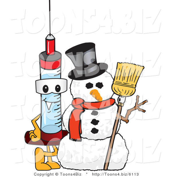 Vector Illustration of a Cartoon Syringe Mascot by a Snowman