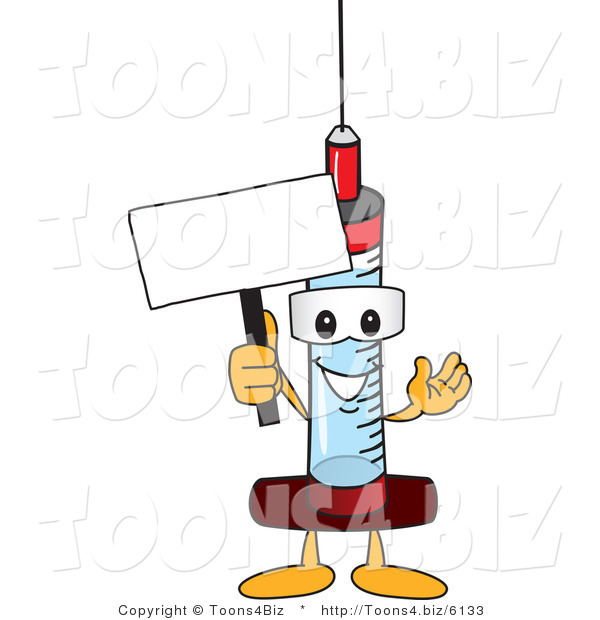 Vector Illustration of a Cartoon Syringe Mascot Holding a Blank Sign
