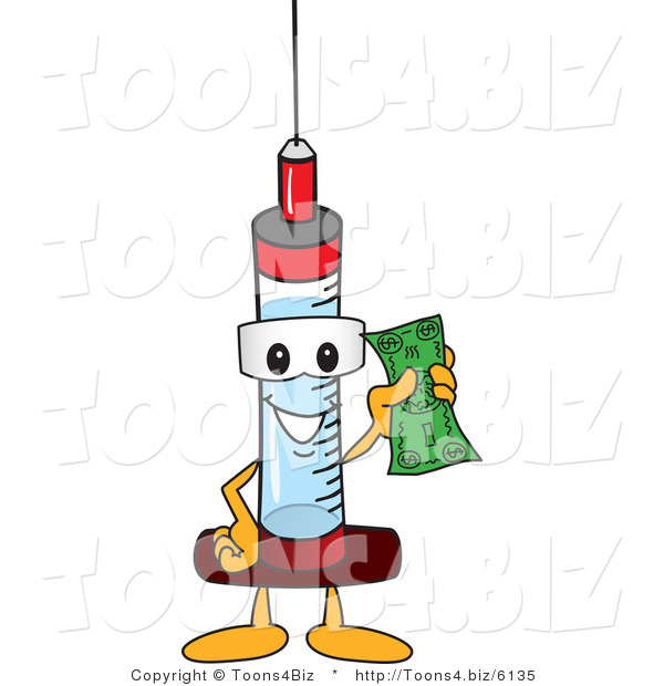 Vector Illustration of a Cartoon Syringe Mascot Holding a Dollar