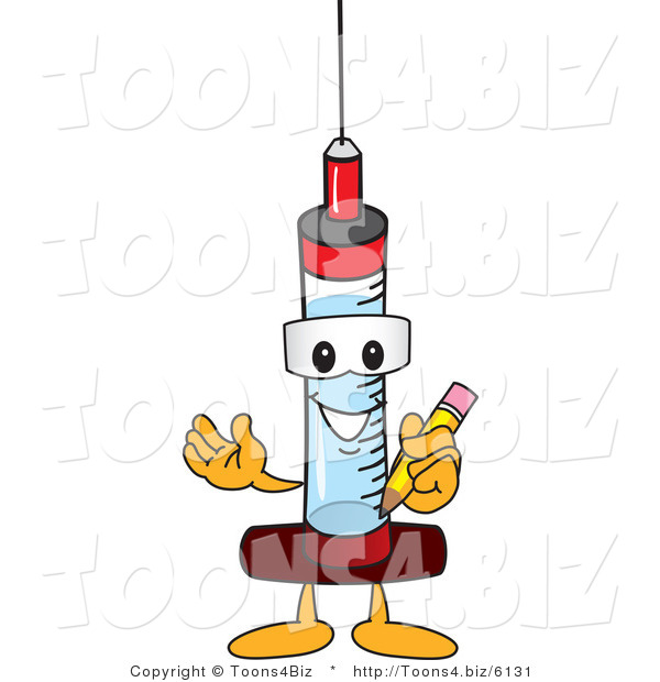 Vector Illustration of a Cartoon Syringe Mascot Holding a Pencil