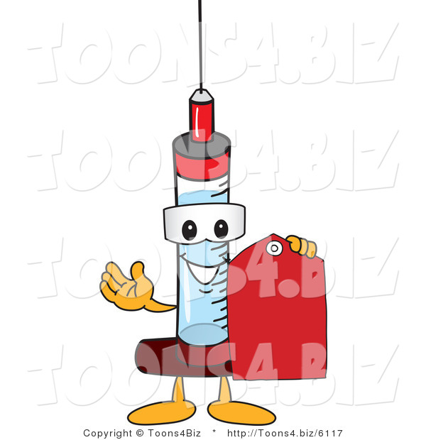 Vector Illustration of a Cartoon Syringe Mascot Holding a Red Tag