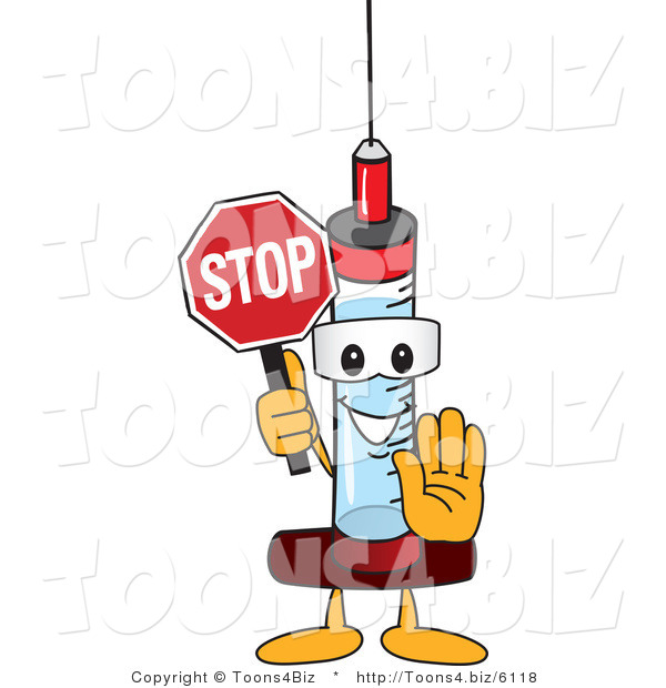 Vector Illustration of a Cartoon Syringe Mascot Holding a Stop Sign