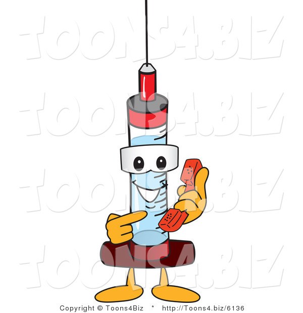 Vector Illustration of a Cartoon Syringe Mascot Holding a Telephone