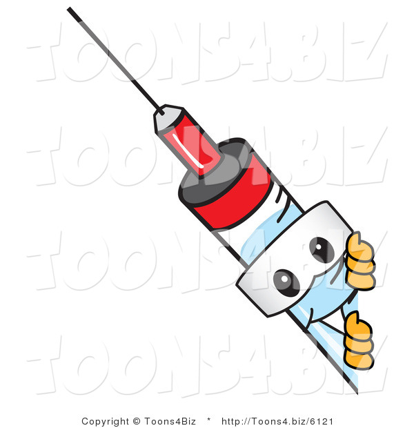 Vector Illustration of a Cartoon Syringe Mascot Looking Around a Blank Sign