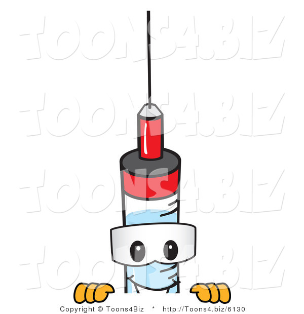 Vector Illustration of a Cartoon Syringe Mascot Looking over a Blank Sign