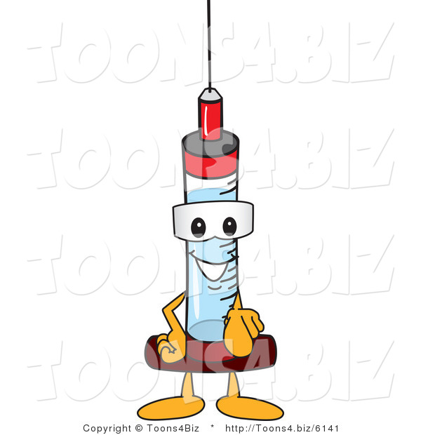 Vector Illustration of a Cartoon Syringe Mascot Pointing Outwards