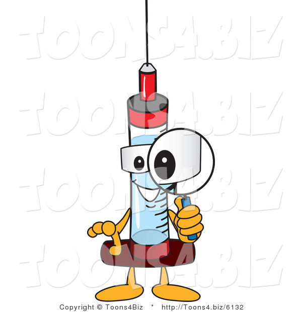 Vector Illustration of a Cartoon Syringe Mascot Using a Magnifying Glass