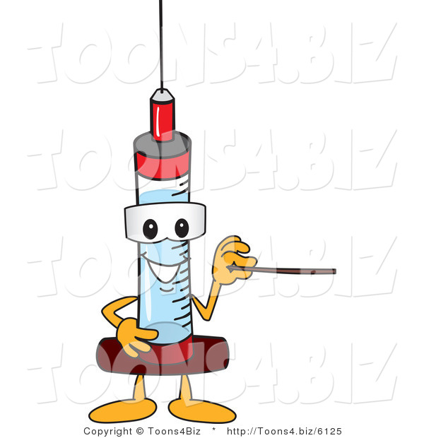 Vector Illustration of a Cartoon Syringe Mascot Using a Pointer Stick