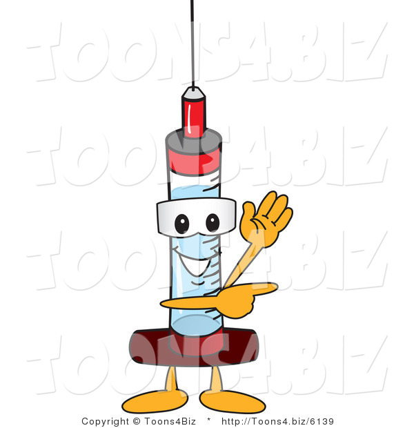 Vector Illustration of a Cartoon Syringe Mascot Waving and Pointing
