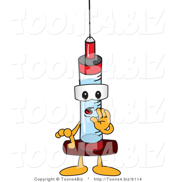 Vector Illustration of a Cartoon Syringe Mascot Whispering