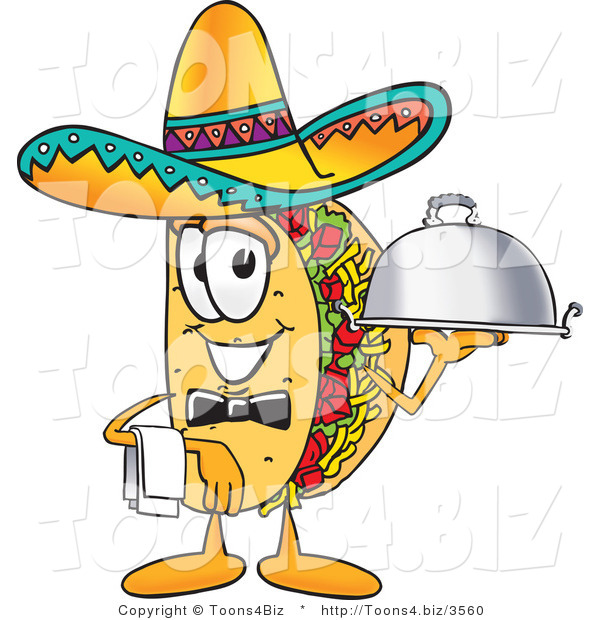 Vector Illustration of a Cartoon Taco Mascot Dressed As a Waiter and Holding a Serving Platter