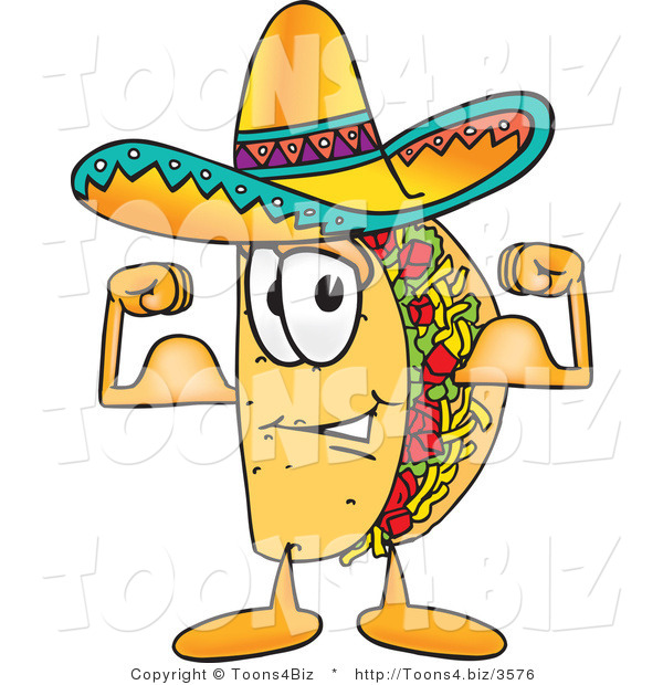 Vector Illustration of a Cartoon Taco Mascot Flexing His Arm Muscles