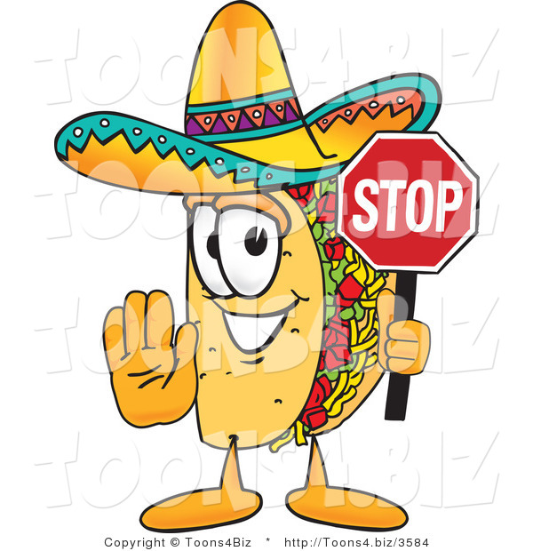 Vector Illustration of a Cartoon Taco Mascot Holding a Stop Sign