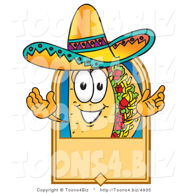 Vector Illustration of a Cartoon Taco Mascot on a Blank Tan Label, Logo or Sign