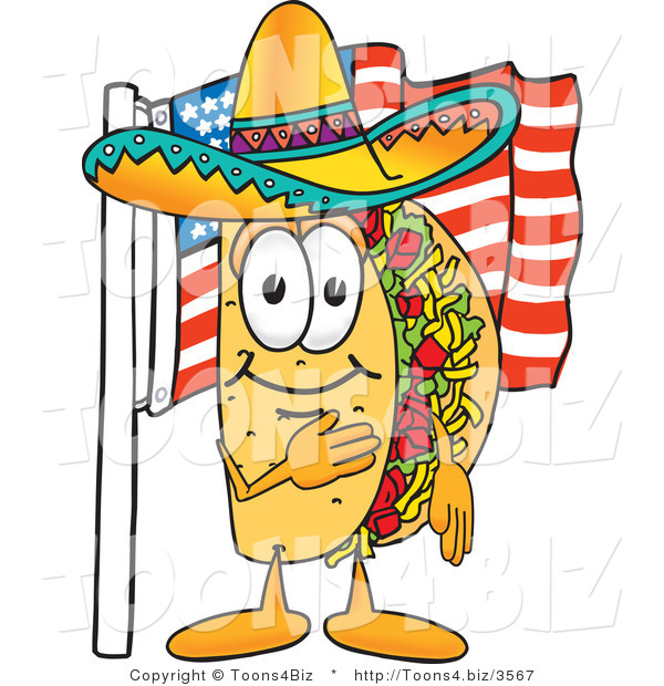 Vector Illustration of a Cartoon Taco Mascot Pledging Allegiance to an American Flag