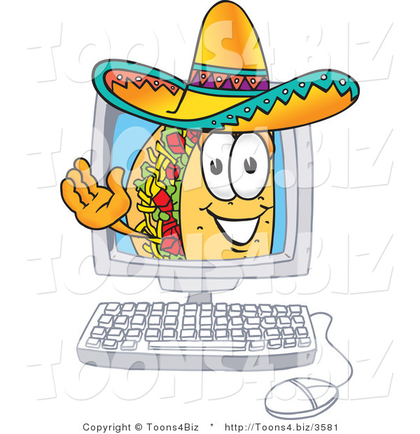 Vector Illustration of a Cartoon Taco Mascot Waving from Inside a Computer Screen
