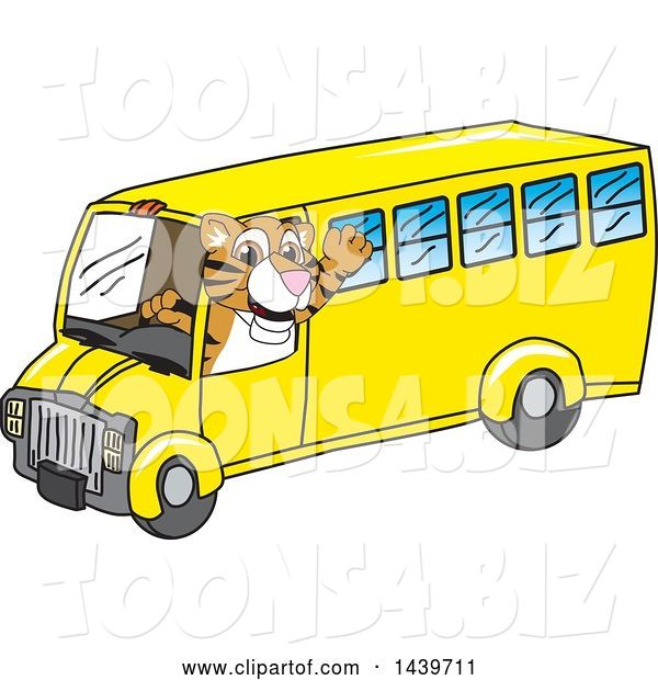 Vector Illustration of a Cartoon Tiger Cub Mascot Driving a School Bus