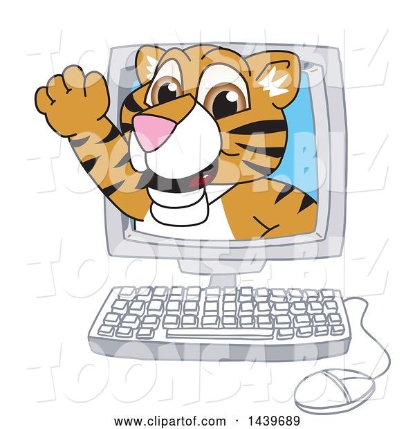 Vector Illustration of a Cartoon Tiger Cub Mascot Emerging from a Computer Screen