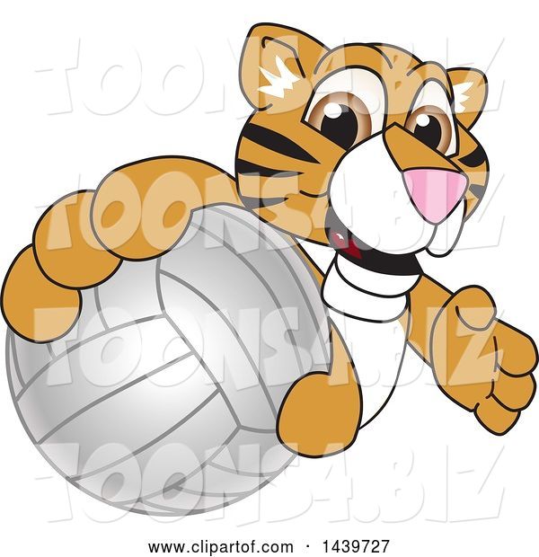 Vector Illustration of a Cartoon Tiger Cub Mascot Grabbing a Volleyball
