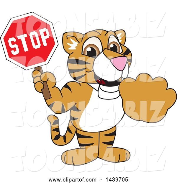 Vector Illustration of a Cartoon Tiger Cub Mascot Holding a Stop Sign