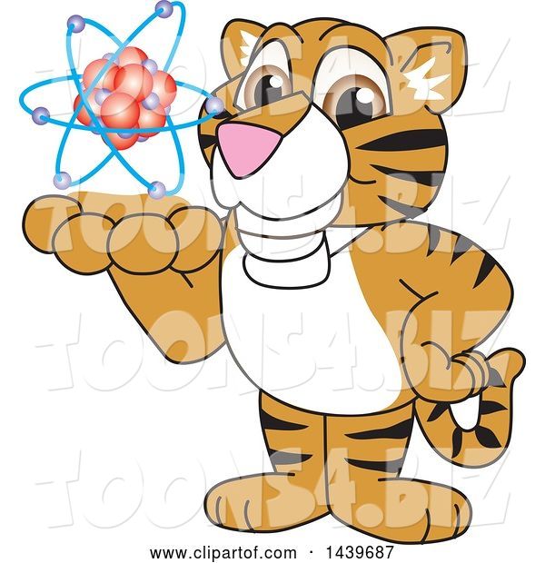 Vector Illustration of a Cartoon Tiger Cub Mascot Holding an Atom