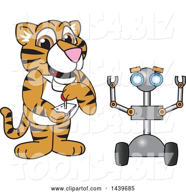 Vector Illustration of a Cartoon Tiger Cub Mascot Operating a Robot