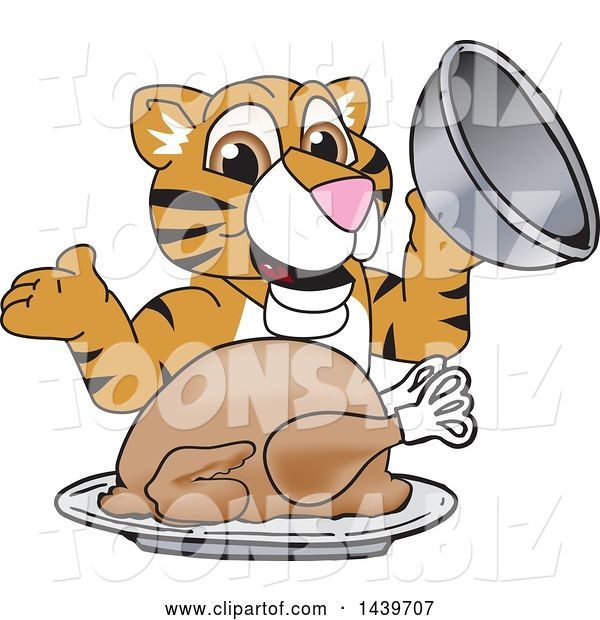 Vector Illustration of a Cartoon Tiger Cub Mascot Serving a Thanksgiving Turkey