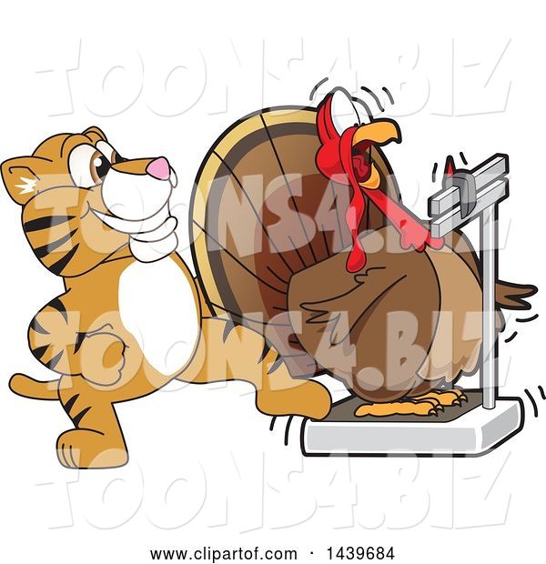 Vector Illustration of a Cartoon Tiger Cub Mascot Stepping on a Scale While a Turkey Weighs Himself