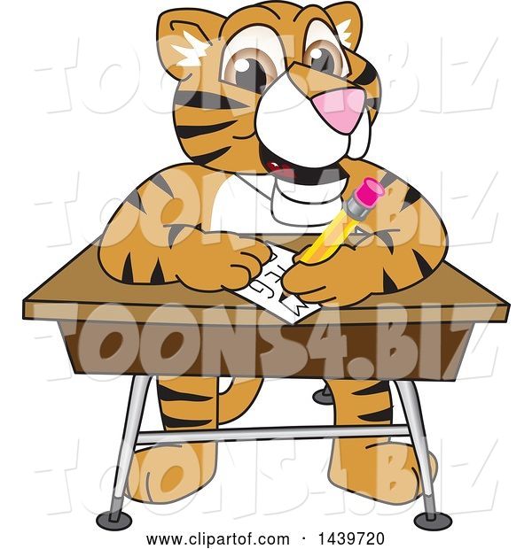 Vector Illustration of a Cartoon Tiger Cub Mascot Taking a Quiz