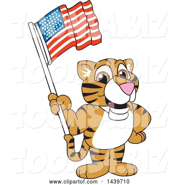 Vector Illustration of a Cartoon Tiger Cub Mascot Waving an American Flag