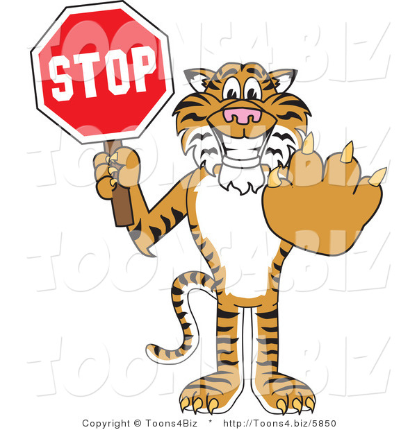 Vector Illustration of a Cartoon Tiger Mascot Holding a Stop Sign