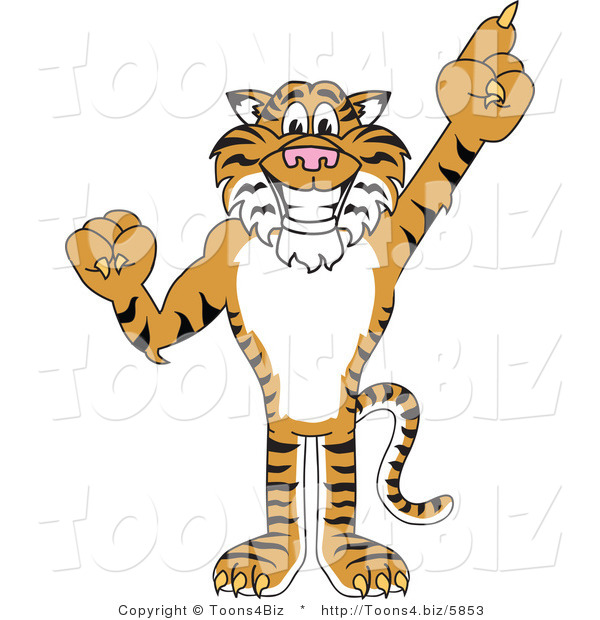 Vector Illustration of a Cartoon Tiger Mascot Pointing up