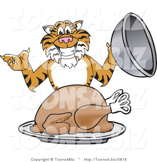Vector Illustration of a Cartoon Tiger Mascot Serving a Thanksgiving Turkey
