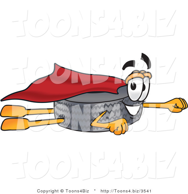 Vector Illustration of a Cartoon Tire Mascot Flying, Dressed As a Super Hero