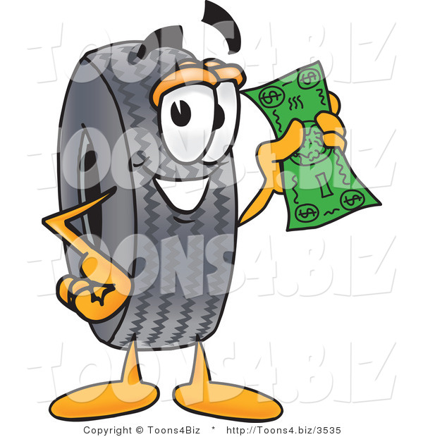 Vector Illustration of a Cartoon Tire Mascot Holding a Dollar Bill