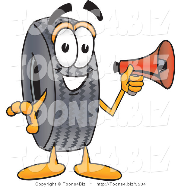 Vector Illustration of a Cartoon Tire Mascot Holding a Megaphone