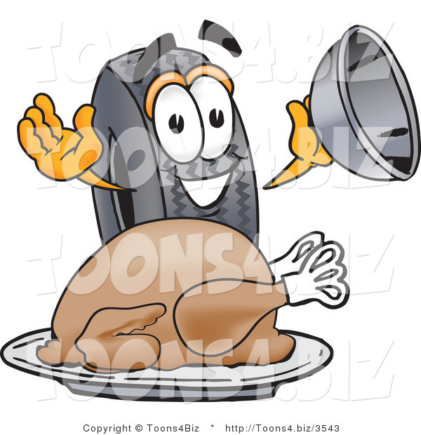 Vector Illustration of a Cartoon Tire Mascot Serving a Thanksgiving Turkey on a Platter