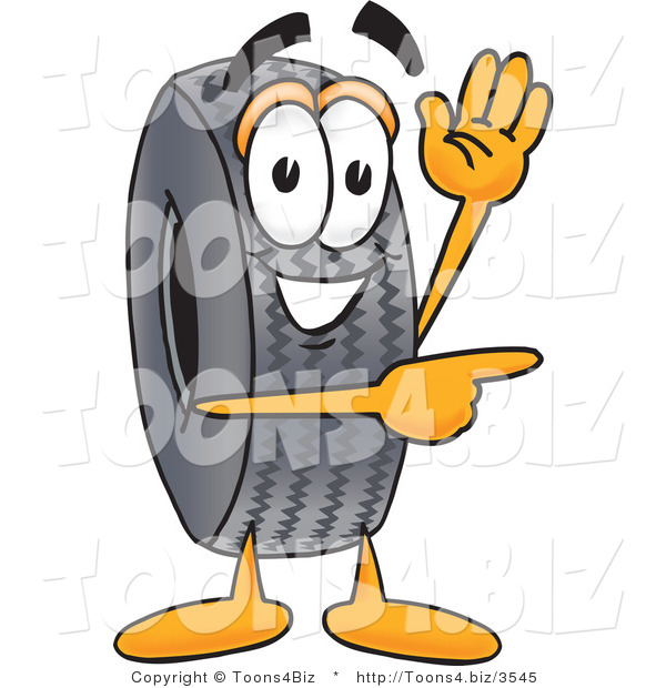 Vector Illustration of a Cartoon Tire Mascot Waving and Pointing by