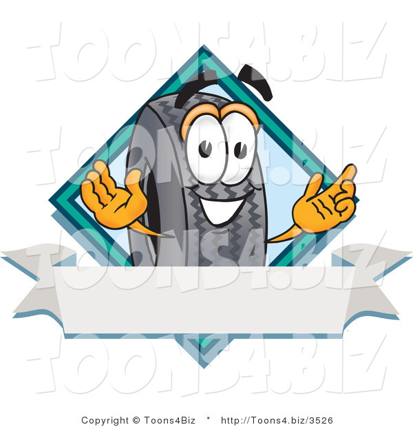 Vector Illustration of a Cartoon Tire Mascot with a Blank Ribbon Label