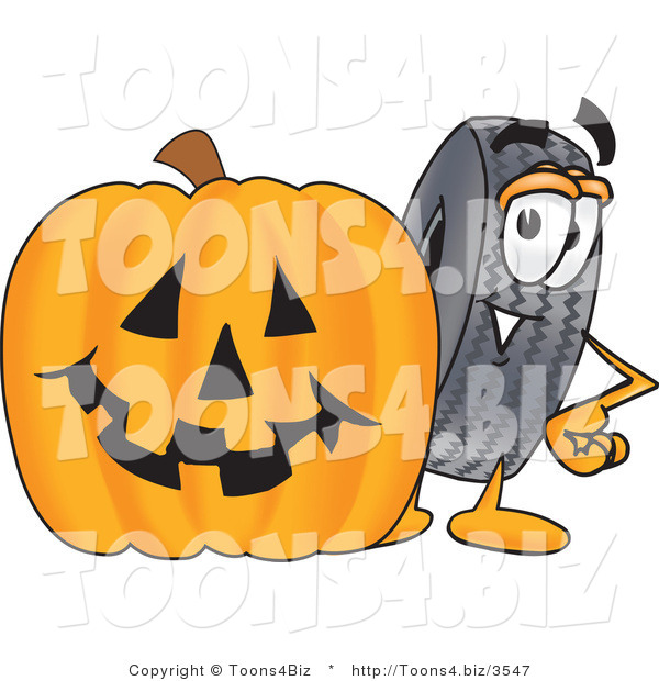 Vector Illustration of a Cartoon Tire Mascot with a Carved Halloween Pumpkin