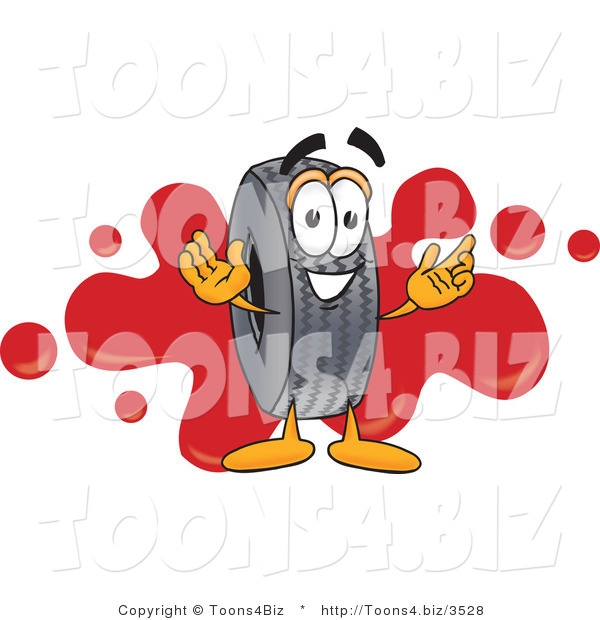 Vector Illustration of a Cartoon Tire Mascot with a Red Paint Splatter