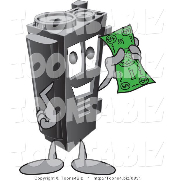Vector Illustration of a Cartoon Toner Ink Cartridge Mascot Holding Cash