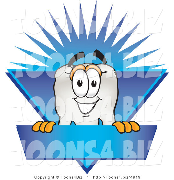 Vector Illustration of a Cartoon Tooth Mascot on a Blank Blue Business Label