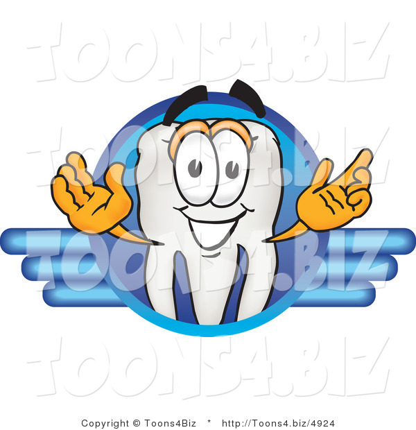 Vector Illustration of a Cartoon Tooth Mascot on a Blue Logo